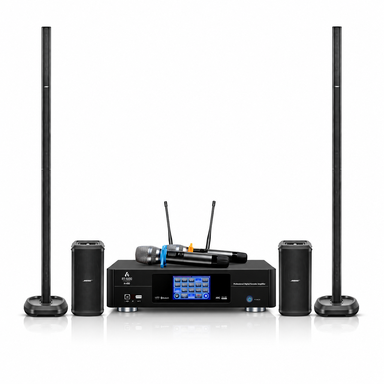 ATN H-450 digital karaoke amplifier with two Bose L1 Pro32 line array speakers and Sub2 bass modules